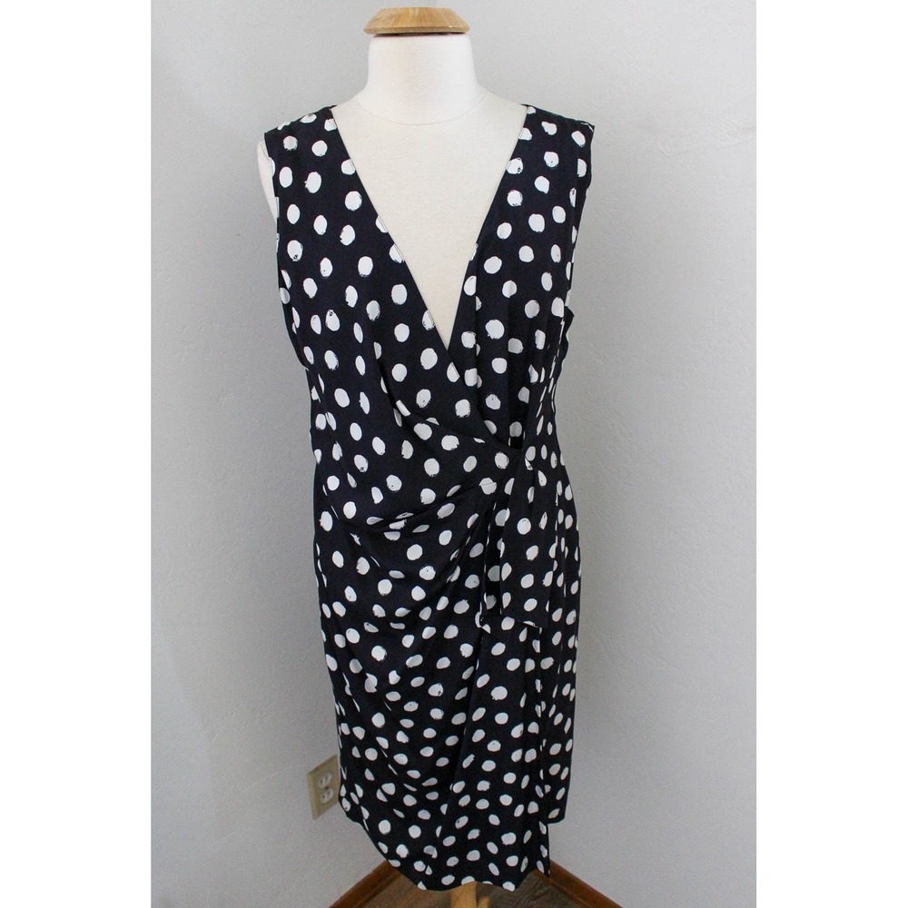 St John Dress Size 16 Black White Polka Dot Faux Wrap Silk Blend Sleeveless